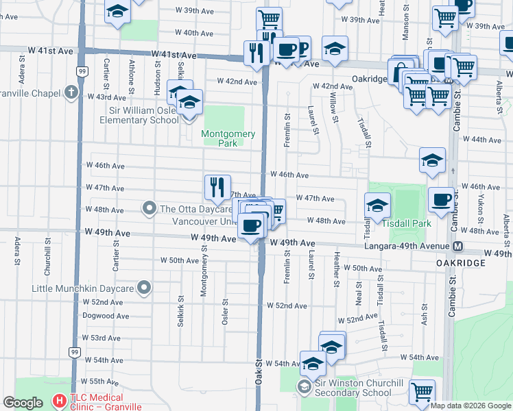 map of restaurants, bars, coffee shops, grocery stores, and more near 6311 Oak Street in Vancouver