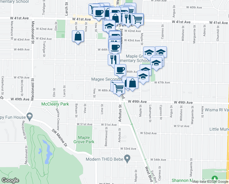 map of restaurants, bars, coffee shops, grocery stores, and more near 2102 West 48th Avenue in Vancouver