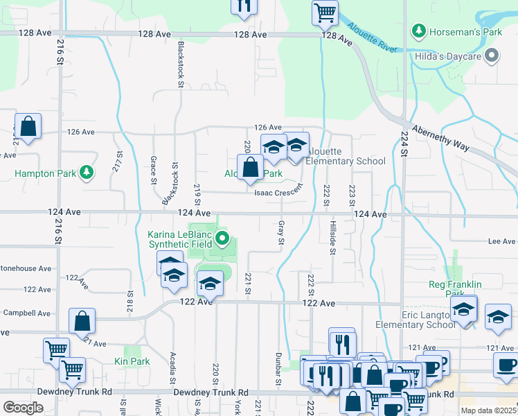 map of restaurants, bars, coffee shops, grocery stores, and more near 22081 124 Avenue in Maple Ridge