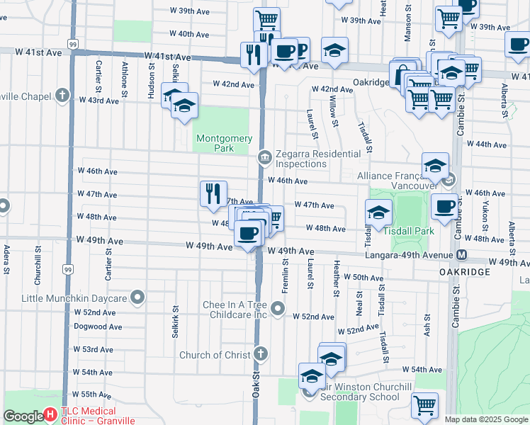 map of restaurants, bars, coffee shops, grocery stores, and more near 6352 Oak Street in Vancouver