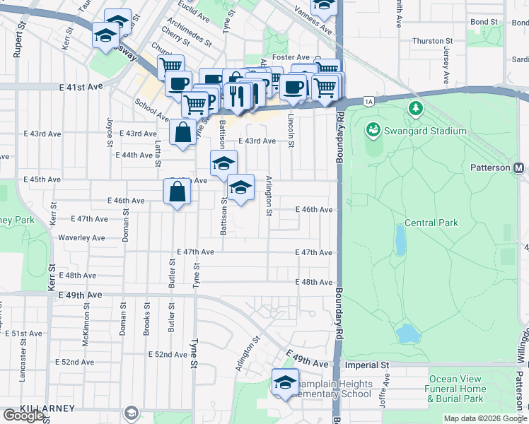 map of restaurants, bars, coffee shops, grocery stores, and more near 6187 Arlington Street in Vancouver