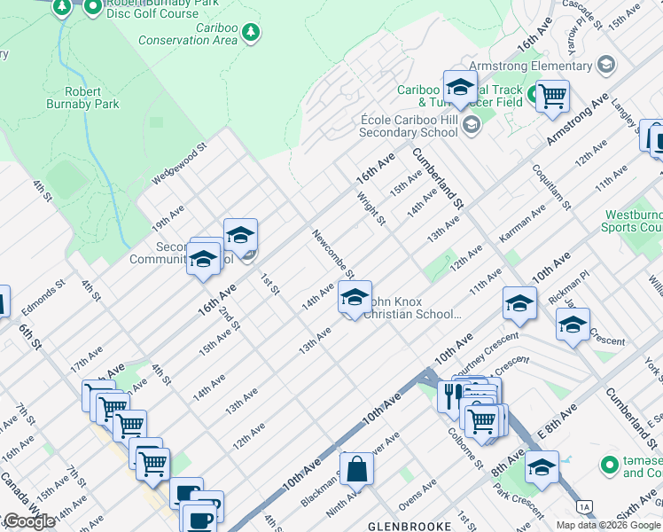 map of restaurants, bars, coffee shops, grocery stores, and more near 7625 Newcombe Street in Burnaby