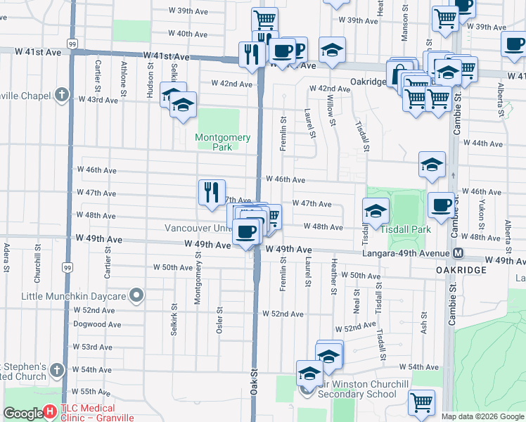 map of restaurants, bars, coffee shops, grocery stores, and more near 6352 Oak Street in Vancouver