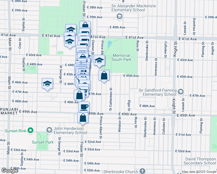 map of restaurants, bars, coffee shops, grocery stores, and more near 6229 Saint Catherines Street in Vancouver