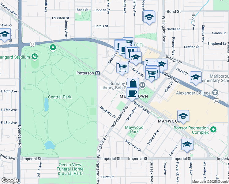 map of restaurants, bars, coffee shops, grocery stores, and more near 90 Central Boulevard in Burnaby
