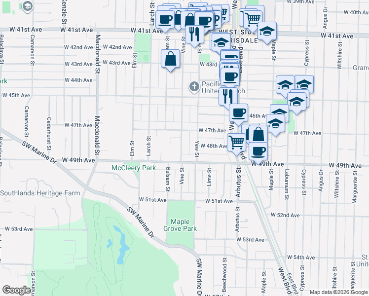 map of restaurants, bars, coffee shops, grocery stores, and more near 6436 Vine Street in Vancouver
