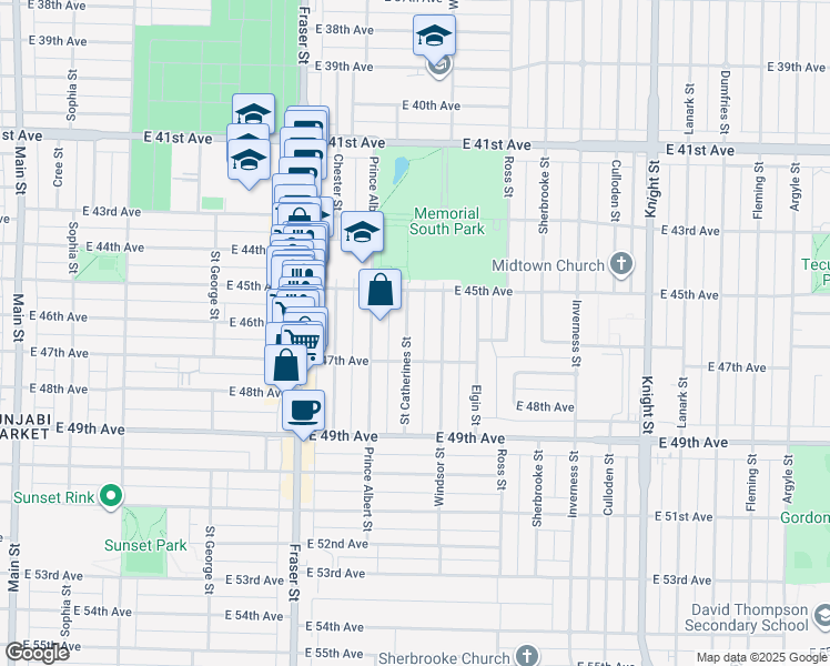 map of restaurants, bars, coffee shops, grocery stores, and more near 6222 Saint Catherines Street in Vancouver