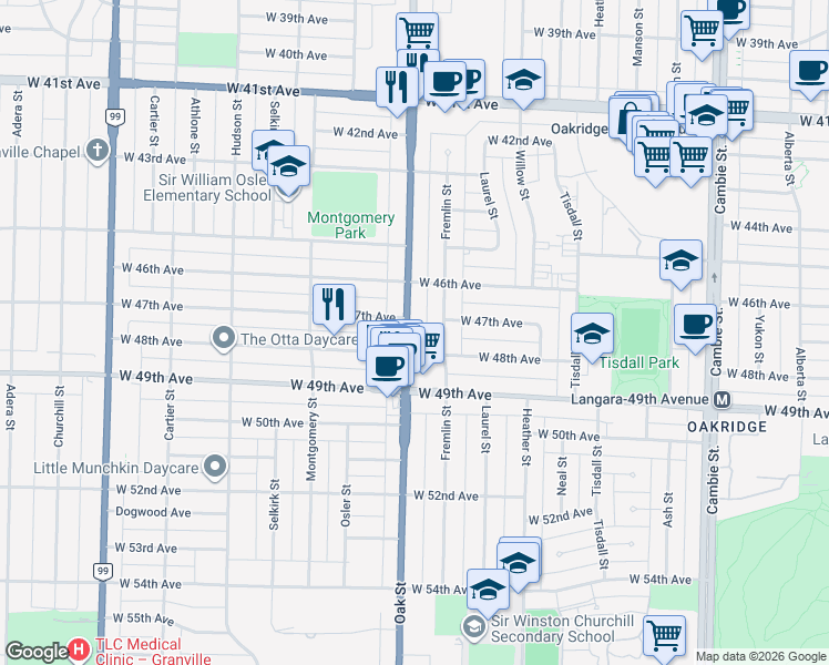 map of restaurants, bars, coffee shops, grocery stores, and more near 6352 Oak Street in Vancouver