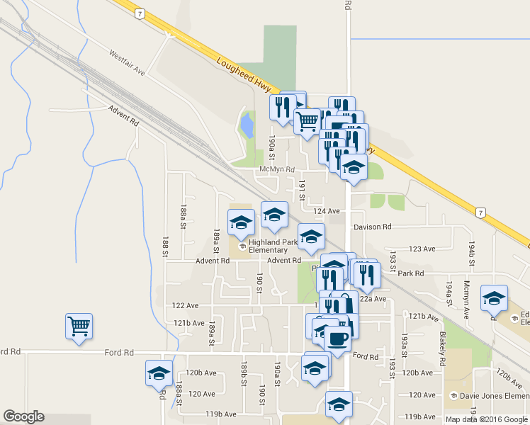 map of restaurants, bars, coffee shops, grocery stores, and more near 12394 Nikola Street in Pitt Meadows