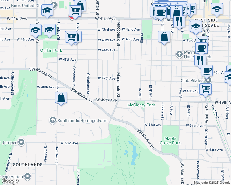 map of restaurants, bars, coffee shops, grocery stores, and more near 6453 Macdonald Street in Vancouver