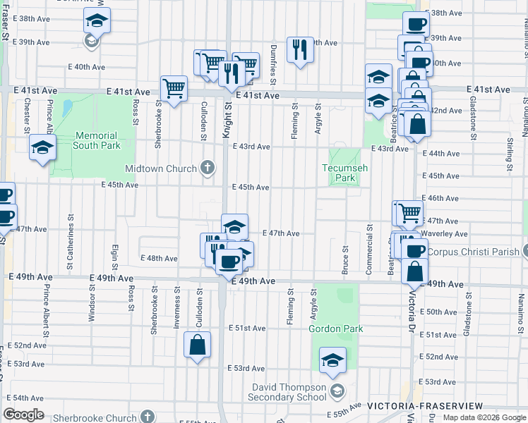 map of restaurants, bars, coffee shops, grocery stores, and more near 6209 Dumfries Street in Vancouver