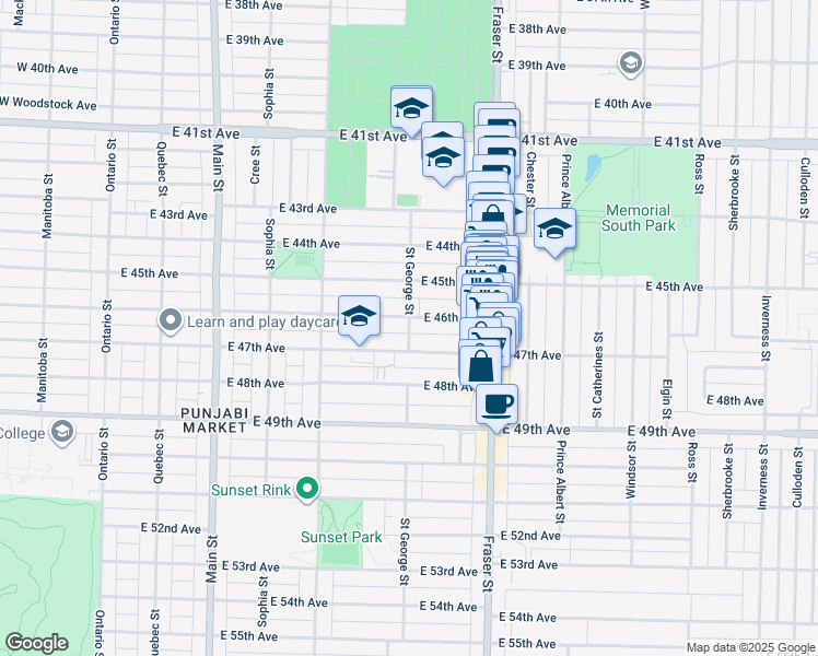 map of restaurants, bars, coffee shops, grocery stores, and more near 6237 Saint George Street in Vancouver