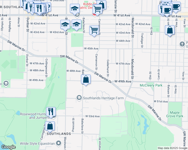 map of restaurants, bars, coffee shops, grocery stores, and more near 3068 Southwest Marine Drive in Vancouver