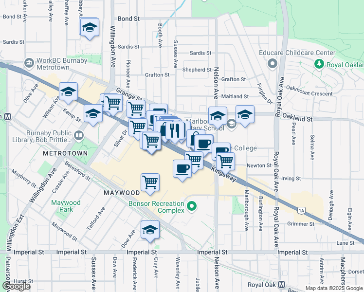 map of restaurants, bars, coffee shops, grocery stores, and more near 4755 Kingsway in Burnaby