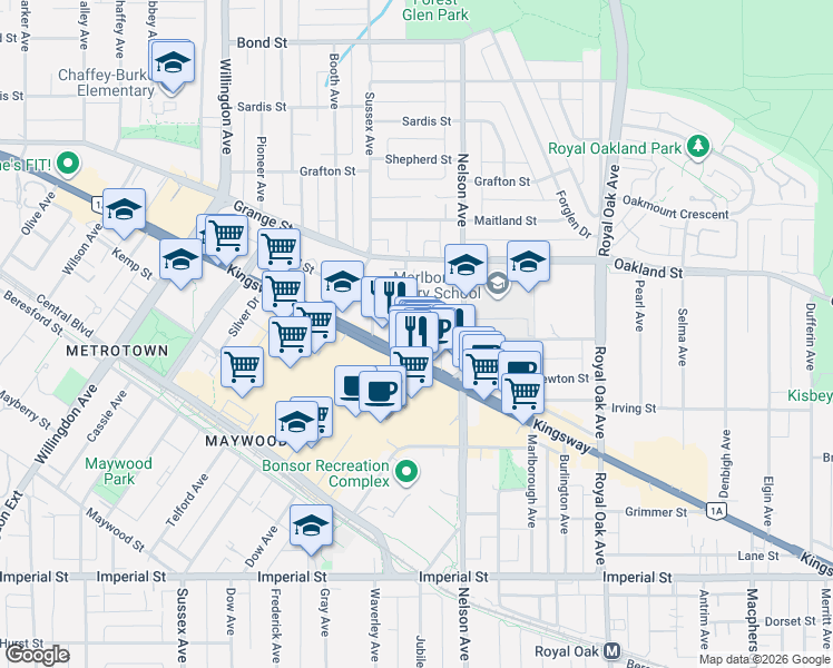 map of restaurants, bars, coffee shops, grocery stores, and more near 4808 Hazel Street in Burnaby