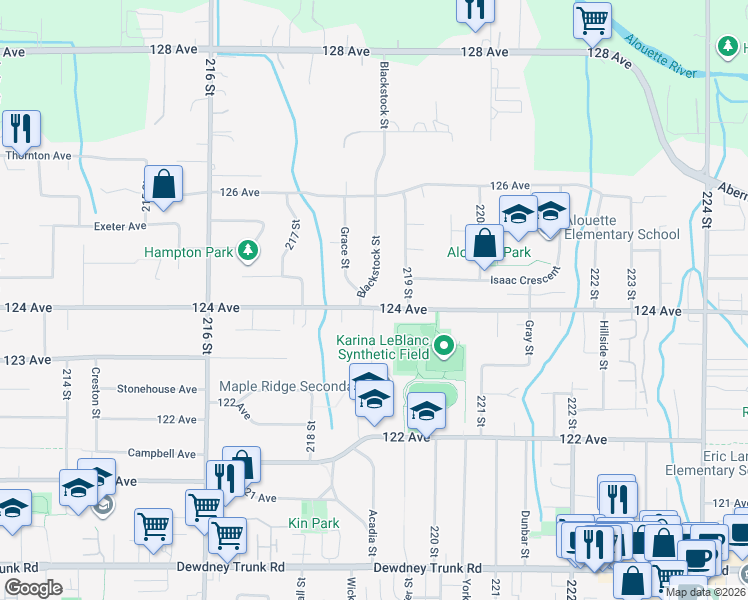 map of restaurants, bars, coffee shops, grocery stores, and more near 21875 124 Avenue in Maple Ridge