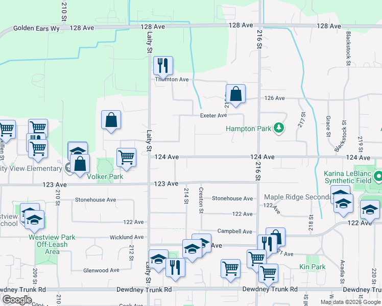 map of restaurants, bars, coffee shops, grocery stores, and more near 12439 214 Street in Maple Ridge