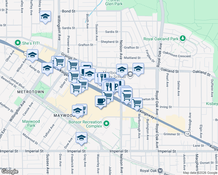 map of restaurants, bars, coffee shops, grocery stores, and more near 4808 Hazel Street in Burnaby