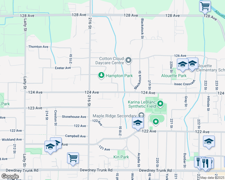 map of restaurants, bars, coffee shops, grocery stores, and more near 21729 124 Avenue in Maple Ridge