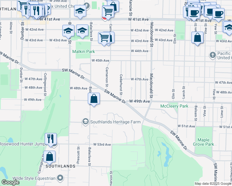 map of restaurants, bars, coffee shops, grocery stores, and more near 2991 Southwest Marine Drive in Vancouver