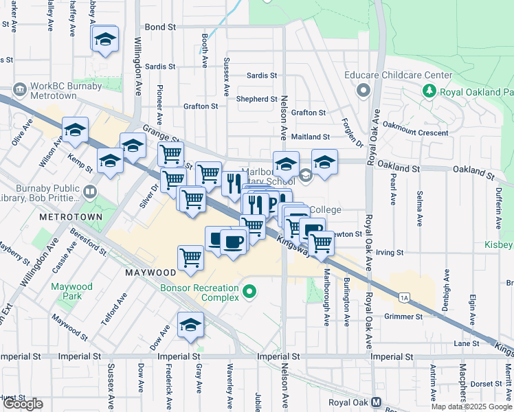map of restaurants, bars, coffee shops, grocery stores, and more near 4808 Hazel Street in Burnaby