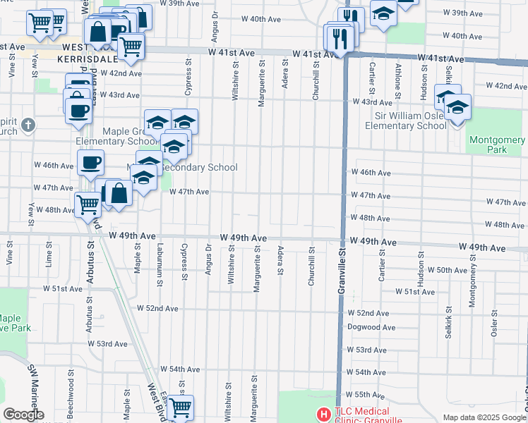 map of restaurants, bars, coffee shops, grocery stores, and more near 6388 Marguerite Street in Vancouver