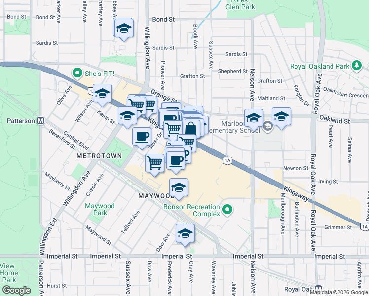 map of restaurants, bars, coffee shops, grocery stores, and more near 4885 Kingsway in Burnaby