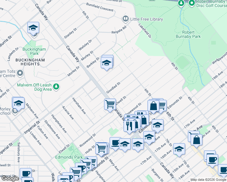 map of restaurants, bars, coffee shops, grocery stores, and more near 7748 Goodlad Street in Burnaby