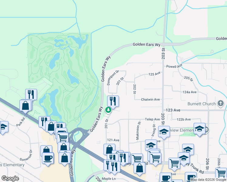 map of restaurants, bars, coffee shops, grocery stores, and more near 12416 Davenport Drive in Maple Ridge