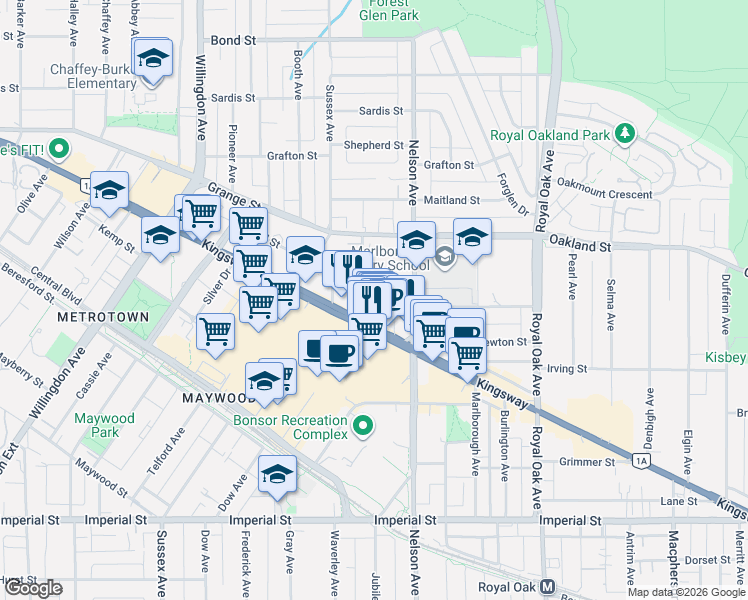 map of restaurants, bars, coffee shops, grocery stores, and more near 4808 Hazel Street in Burnaby