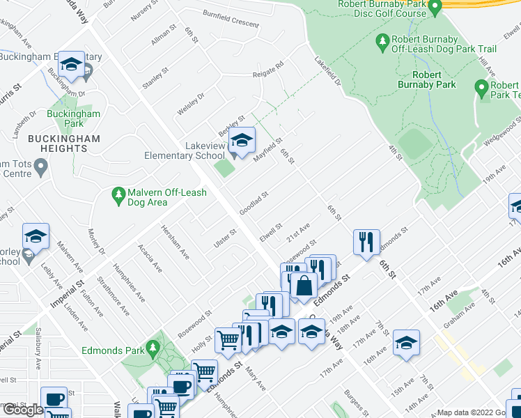 map of restaurants, bars, coffee shops, grocery stores, and more near 7756 Goodlad Street in Burnaby