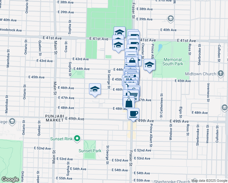 map of restaurants, bars, coffee shops, grocery stores, and more near 544 East 46th Avenue in Vancouver