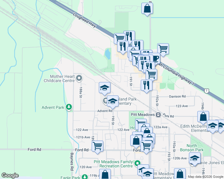 map of restaurants, bars, coffee shops, grocery stores, and more near 12400 Nikola Street in Pitt Meadows