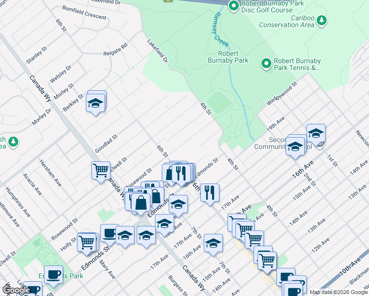 map of restaurants, bars, coffee shops, grocery stores, and more near 7932 Rosewood Street in Burnaby