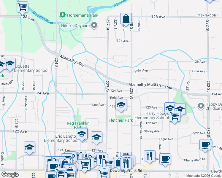 map of restaurants, bars, coffee shops, grocery stores, and more near 22715 124 Avenue in Maple Ridge