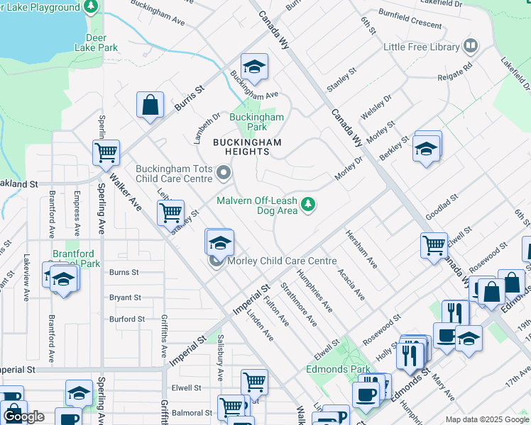 map of restaurants, bars, coffee shops, grocery stores, and more near 6415 Buckingham Drive in Burnaby