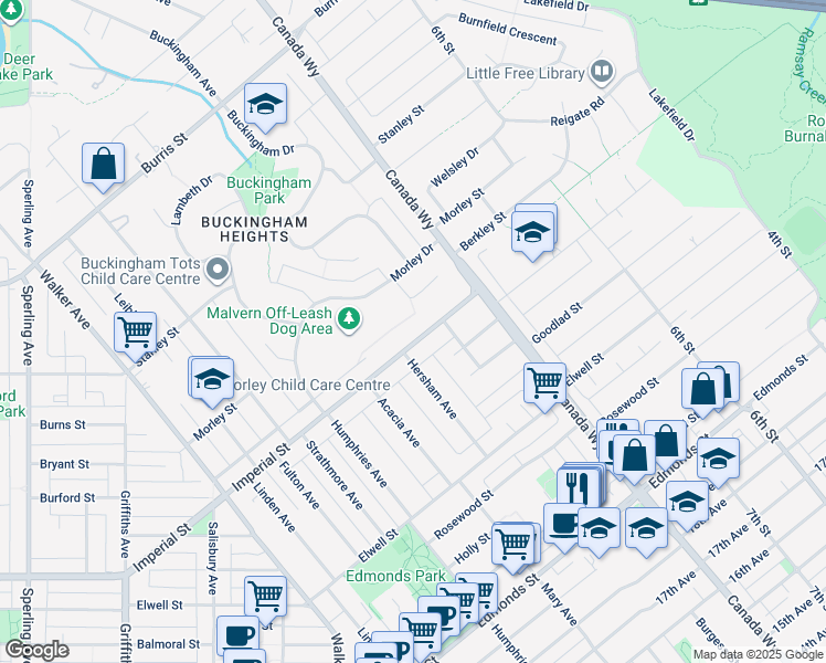 map of restaurants, bars, coffee shops, grocery stores, and more near 7605 Imperial Street in Burnaby