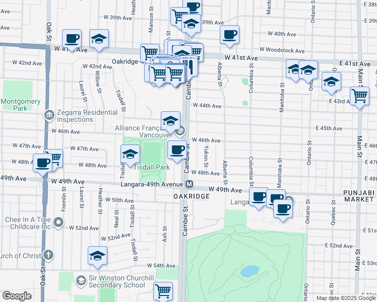 map of restaurants, bars, coffee shops, grocery stores, and more near in Vancouver
