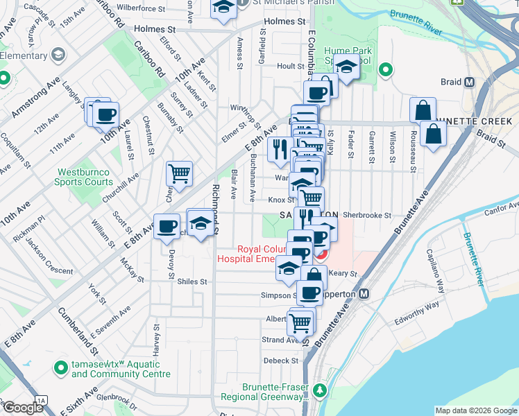 map of restaurants, bars, coffee shops, grocery stores, and more near 341 Sherbrooke Street in New Westminster