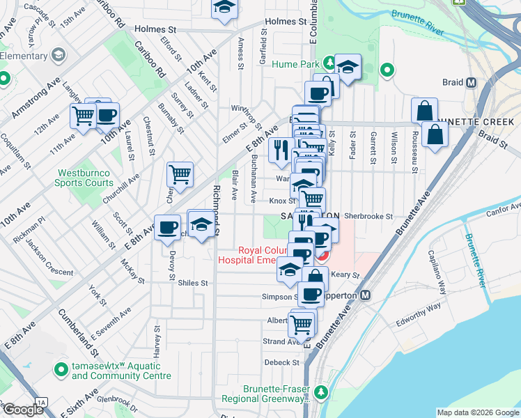 map of restaurants, bars, coffee shops, grocery stores, and more near 341 Sherbrooke Street in New Westminster