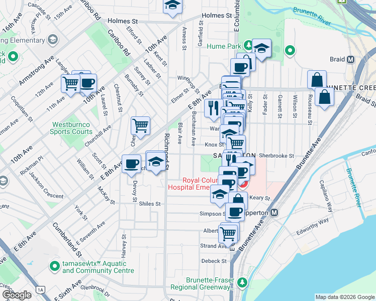 map of restaurants, bars, coffee shops, grocery stores, and more near 355 Sherbrooke Street in New Westminster