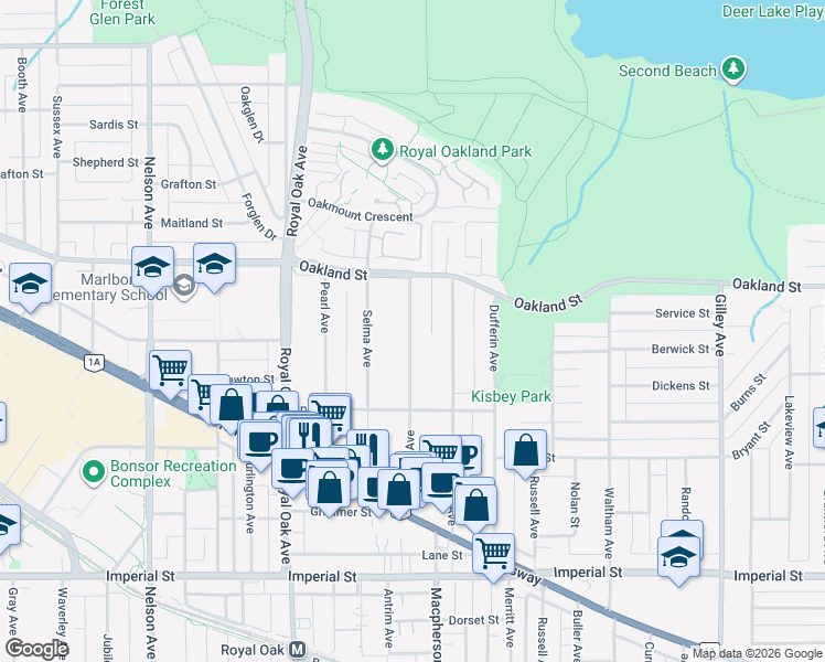 map of restaurants, bars, coffee shops, grocery stores, and more near 6166 Denbigh Avenue in Burnaby