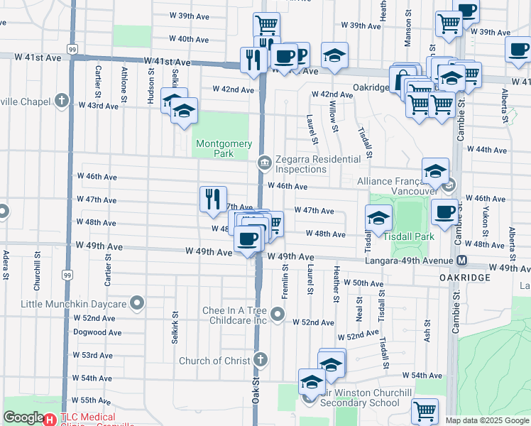 map of restaurants, bars, coffee shops, grocery stores, and more near 6320 Oak Street in Vancouver