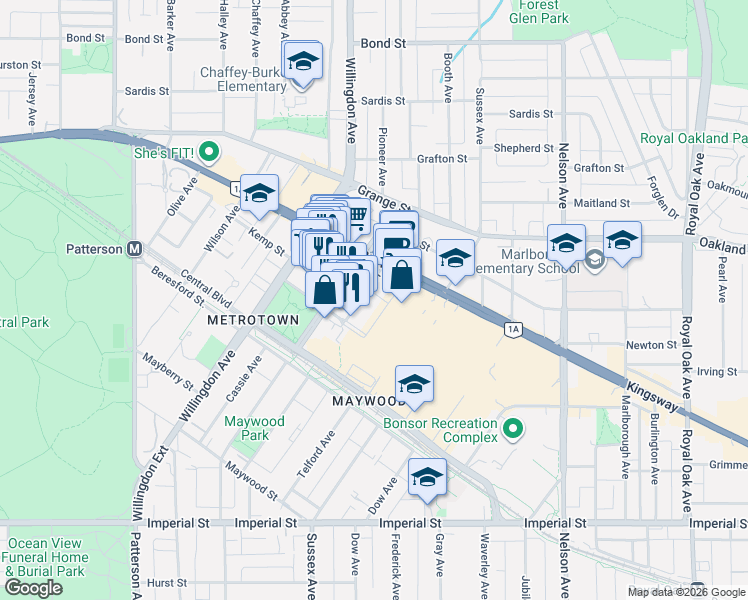 map of restaurants, bars, coffee shops, grocery stores, and more near 4670 Assembly Way in Burnaby