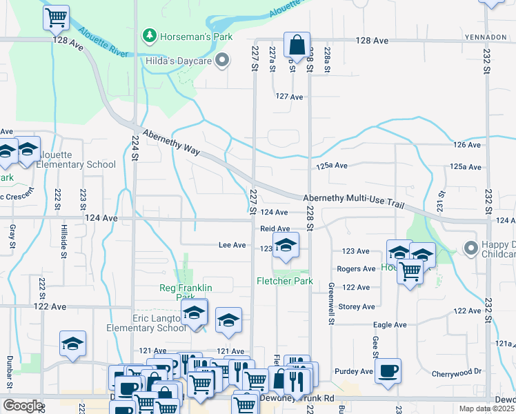map of restaurants, bars, coffee shops, grocery stores, and more near 22705 124 Avenue in Maple Ridge