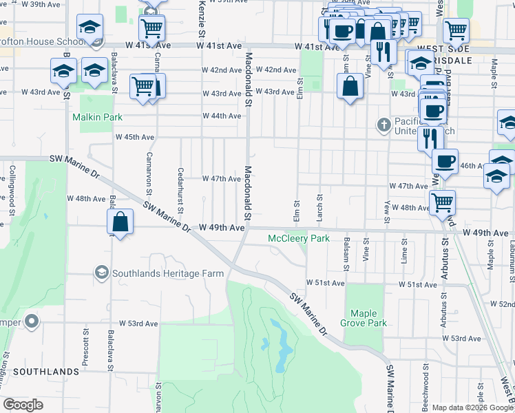 map of restaurants, bars, coffee shops, grocery stores, and more near 6448 Macdonald Street in Vancouver
