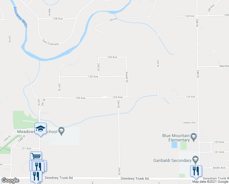 map of restaurants, bars, coffee shops, grocery stores, and more near 24361 124 Avenue in Maple Ridge