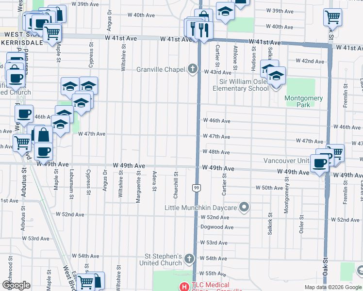 map of restaurants, bars, coffee shops, grocery stores, and more near 6362 Churchill Street in Vancouver