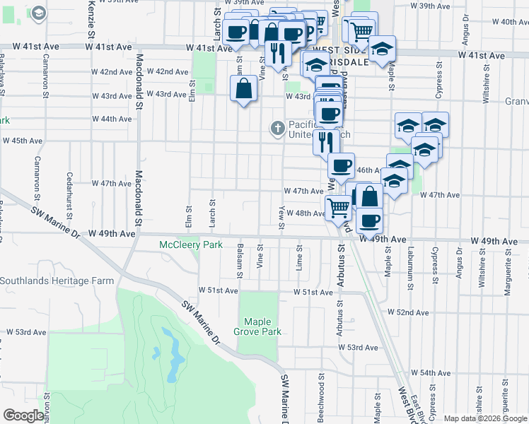 map of restaurants, bars, coffee shops, grocery stores, and more near 6408 Vine Street in Vancouver