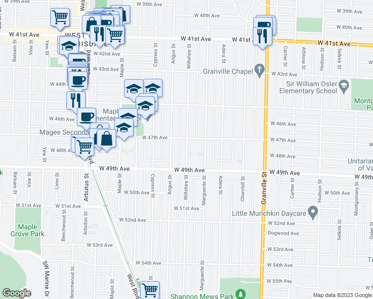 map of restaurants, bars, coffee shops, grocery stores, and more near 6375 Wiltshire Street in Vancouver